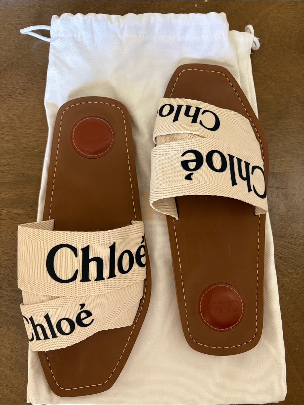 Chloé Brown Leather Slide Sandals with Cream Logo Straps